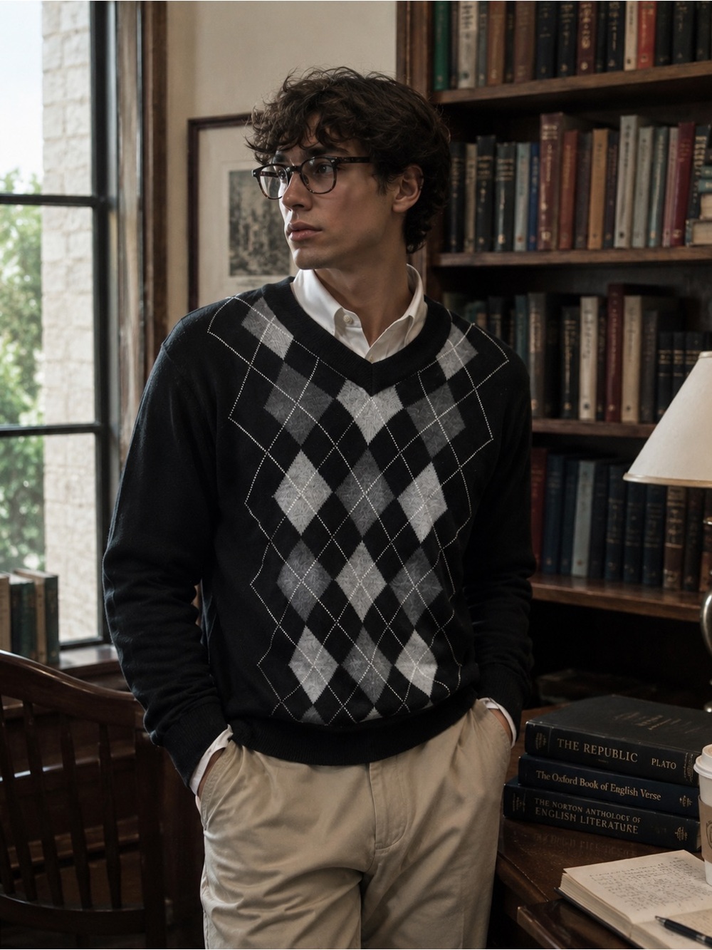 Men's Vintage Preppy Argyle V-Neck 100% Merino Wool Sweater XXL Dark Academia